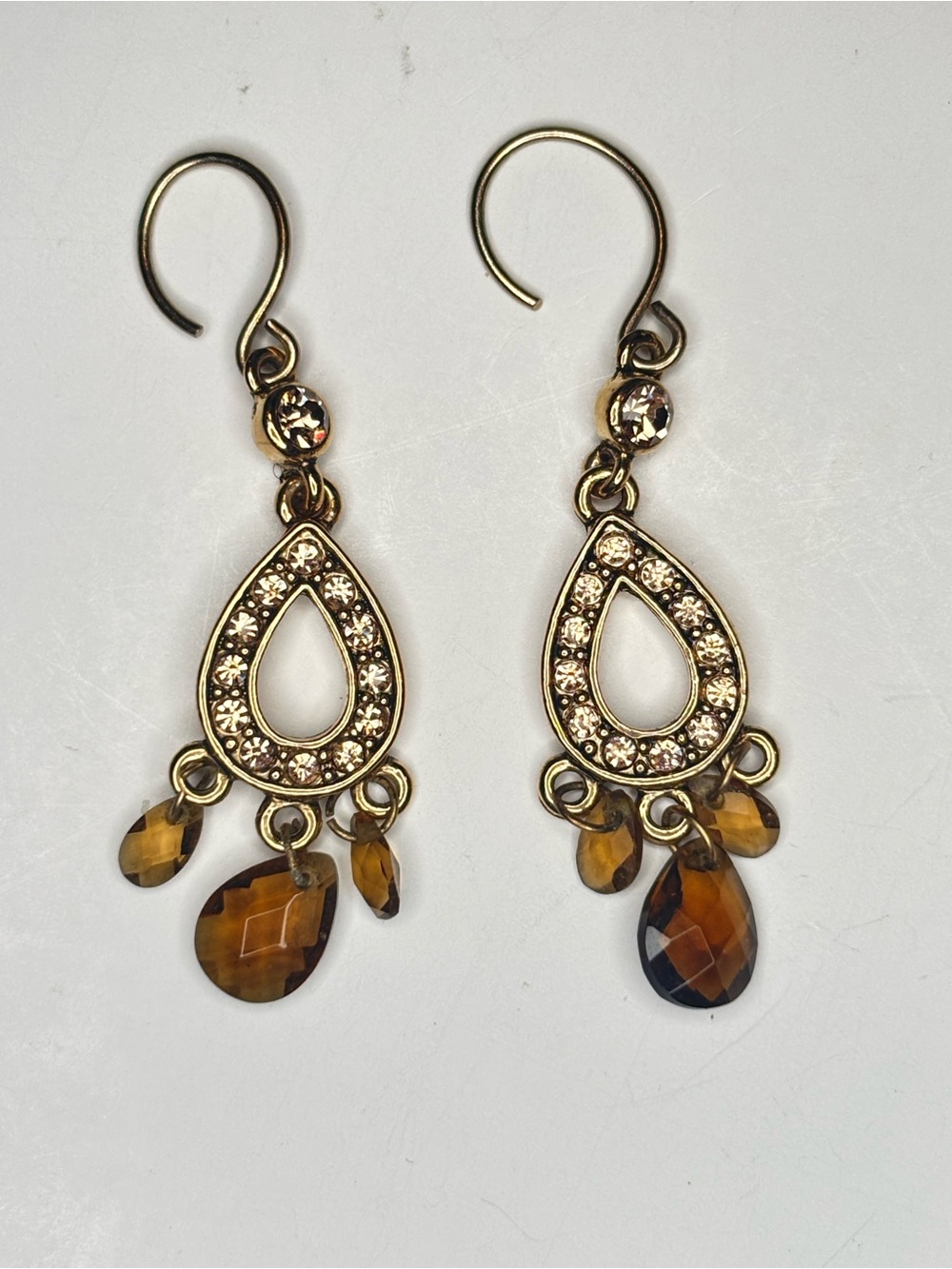 MONET Petite Chandelier Dangle Earrings Dainty Brown Gold Tone Crystals Signed